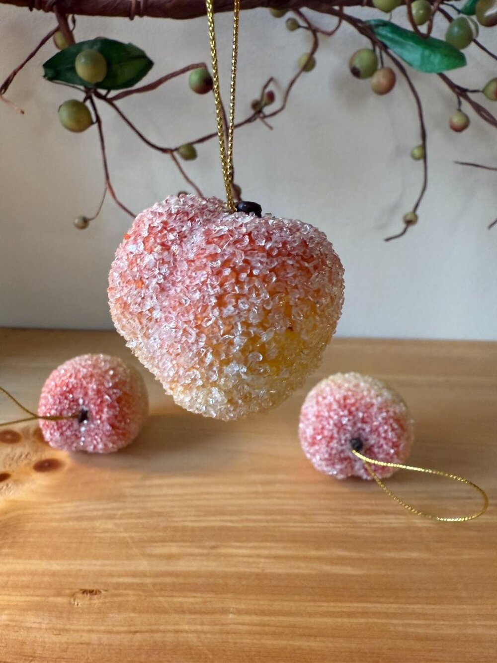 Vintage Sugared Peach Ornaments Set of 3 Retro Holiday Fruit Home Decor #3